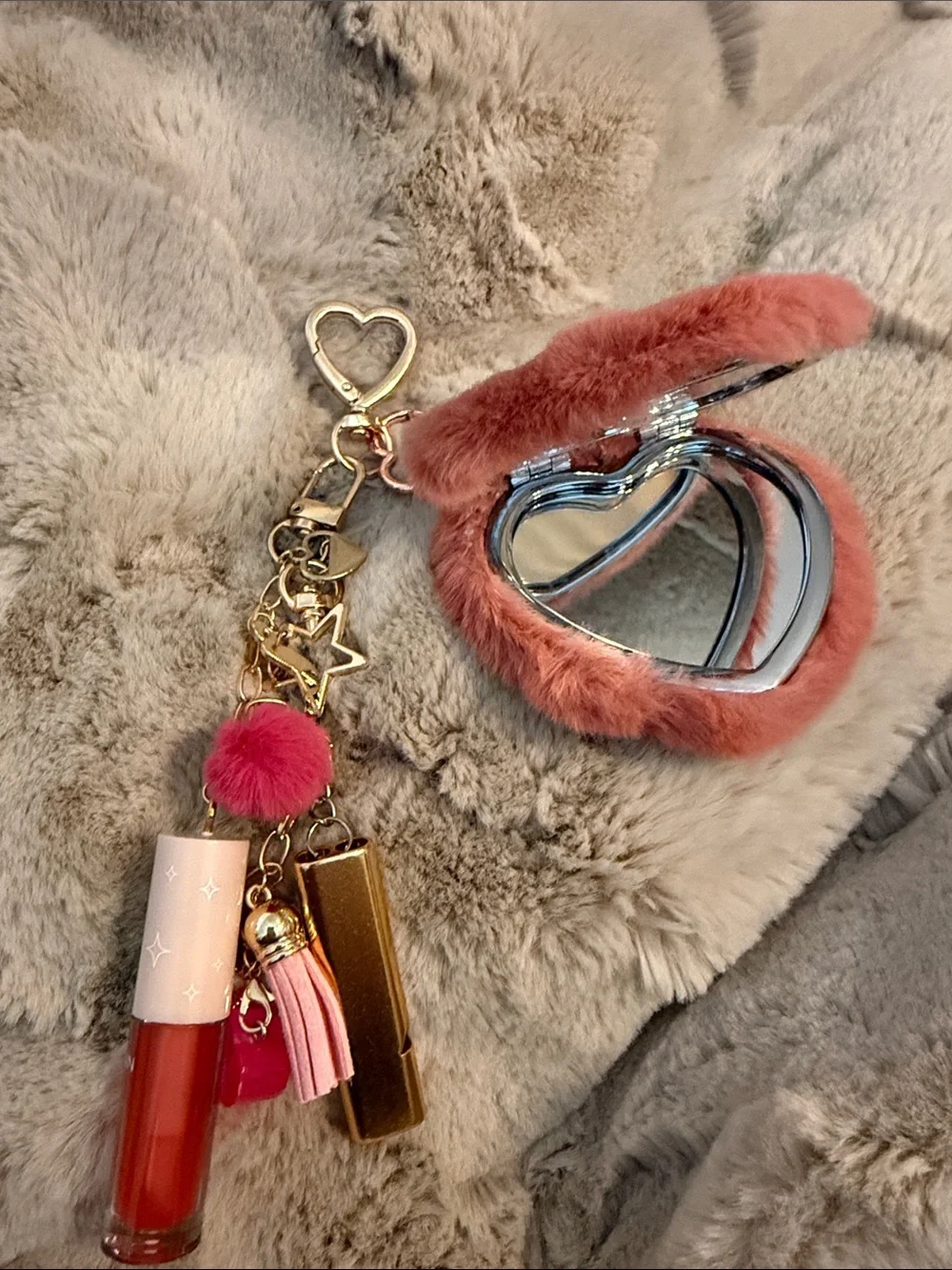 Plush Heart Compact Mirror Keychain - Pink or beige (pick one)